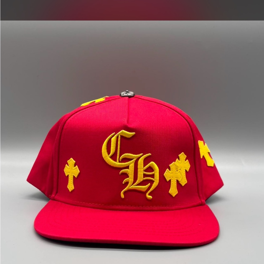 Red Snapback Hat with Yellow Embroidered Crosses